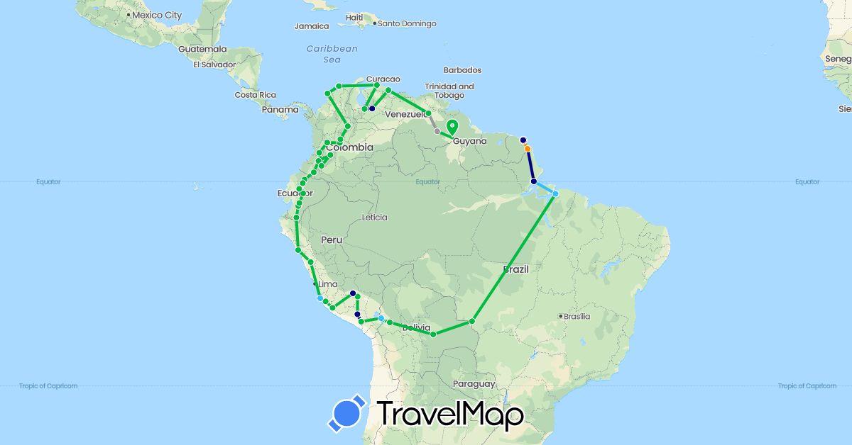 TravelMap itinerary: driving, bus, plane, boat, hitchhiking in Bolivia, Brazil, Colombia, Ecuador, French Guiana, Peru, Venezuela (South America)